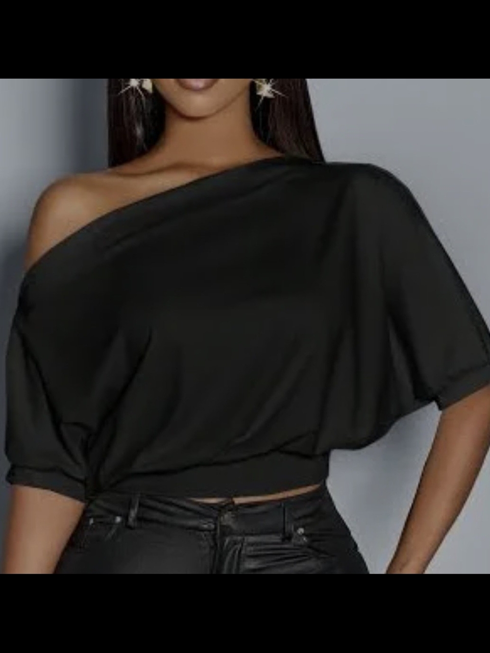 SHEIN Black One-Shoulder Dolman Crop Top with Batwing Sleeve